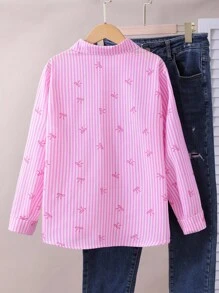 SHEIN Explorewe Y2K 风格女孩蝴蝶条纹印花经典衬衫，适合日常或学校穿着，可搭配牛仔裤、裙子或吊带背心，打造返校装