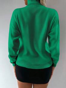 EURMUSE 字母和愛心圖案高領落肩袖套頭毛衣 - 綠色 - 查看 2