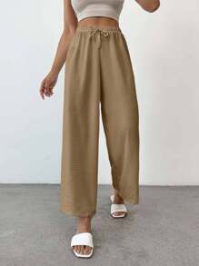 EURMUSE Pantaloni casual da donna in cotone di taglia piccola, con nodo, monocolore - Moka Marrone - Visualizzare 5