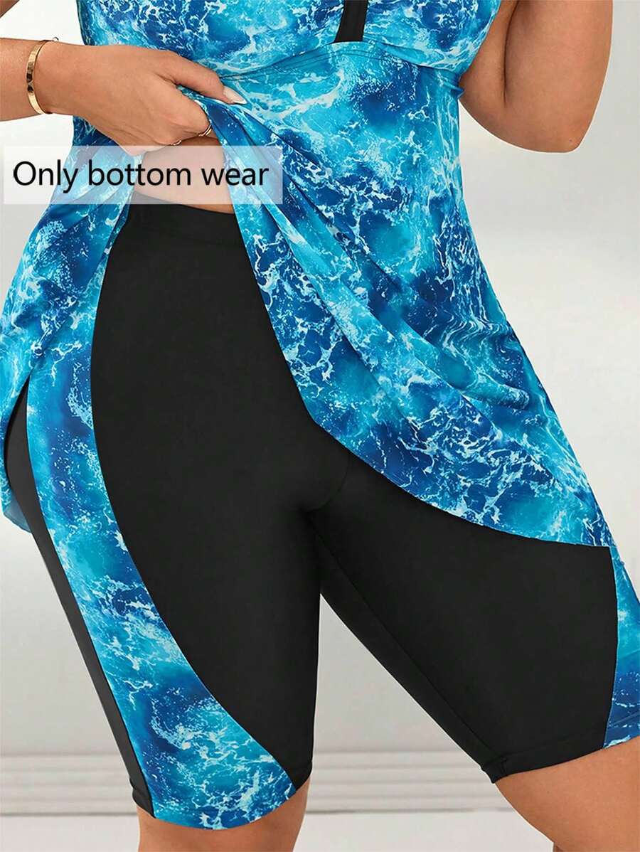 Swim Vcay Plus Size Women Digital Print Patchwork Mid-Length Boardshorts Swimwear, Beach Party Holiday Bikini Bottom For Summer Beach Vacation - Black - View 1