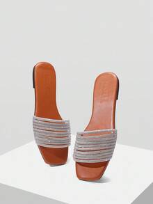 MOTF PREMIUM WOMEN'S FASHIONABLE WHITE RHINESTONE ELEGANT FLAT SANDALS - Brown - View 4