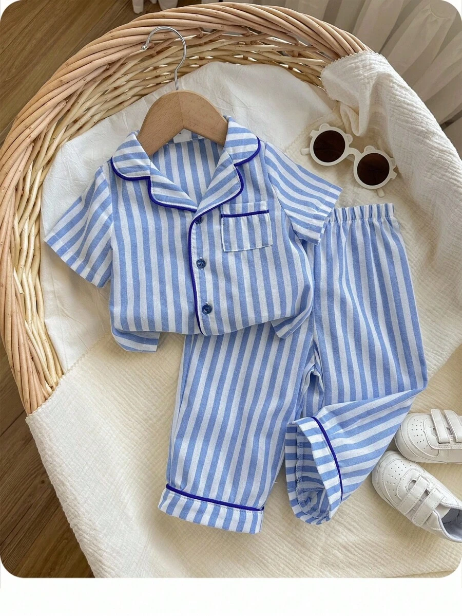 Bộ đồ ngủ dệt 2 món Dozemod Kids Baby Boy Baby Boy, áo sơ mi tay ngắn cài nút cổ sọc đơn giản và quần dài - Xanh và trắng - Xem 1