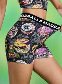 MADBALLS X SHEIN 女士黑色全印花卡通图案骑行短裤，酷炫百搭，适合休闲、万圣节、哥特风、秋季、返校季、外出、万圣节服装、返校节、秋冬季等各种场合。 - 黑色 - 查看 4