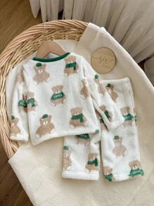 2pcs Baby Boy Bear Pattern Contrast Collar Long Sleeve & Long Pants Coral Fleece Pajama Set, Suitable For Autumn/Winter