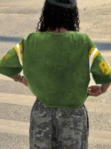 Rovax 女式拼色数字印花圆领落肩短款宽松T恤，夏季