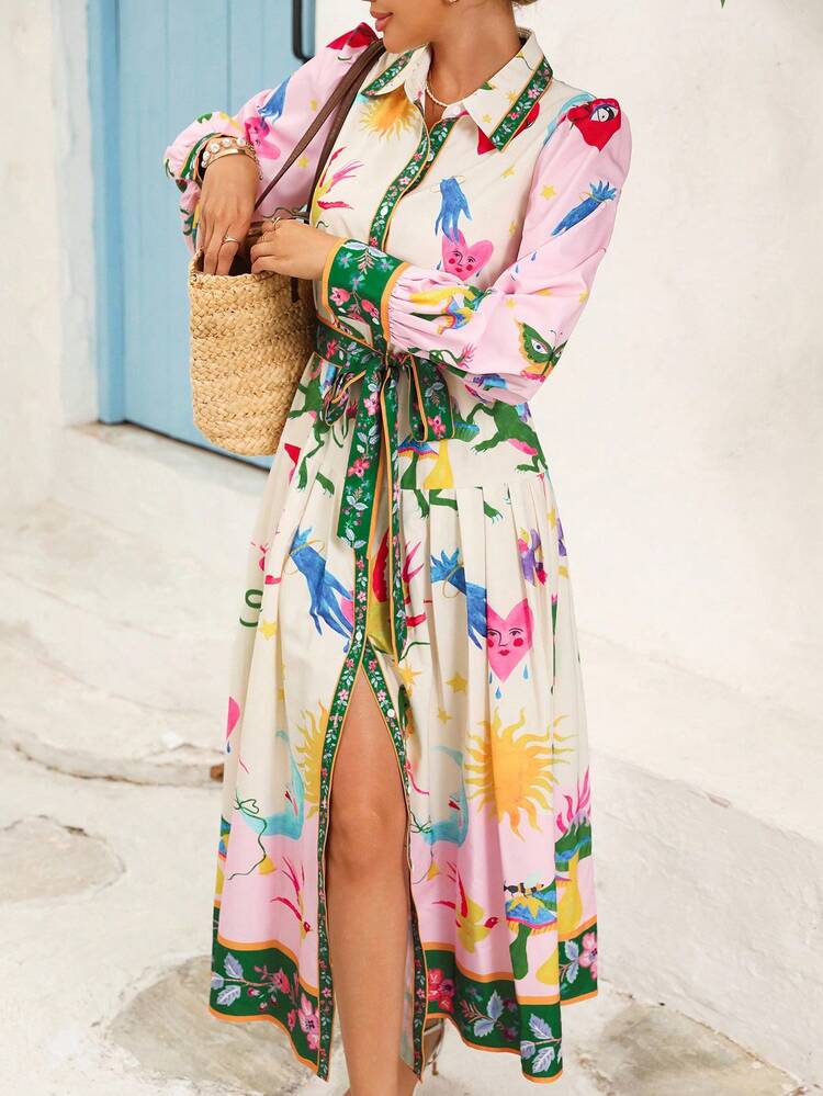 Vivid Eden 女式休闲度假全印花前扣长裙 - 彩色 - 查看 6