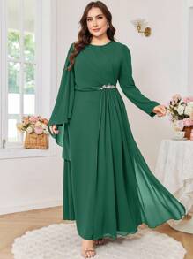 Modelyn 大码女式优雅水钻装饰修身腰部圆领派对连衣裙 - 綠色 - 查看 6