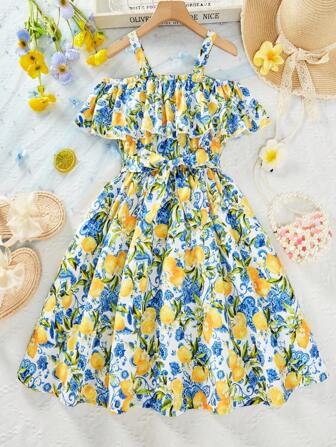 SHEIN Tween Girl Lemon Print Off-Shoulder Ruffle Hem Waist Cinched Summer Dress
