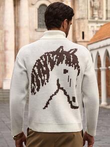 HIMLAND Men's Fashion Pullover Sweater With Horse Head Pattern, Loose And Relaxed Knit Men Turtleneck Shirts Mock Neck Men Men Knitwear Summer Turtleneck Men Turtleneck Sweater Men Knit Wear Men Knitwear Men , Fall Winter - Multicolor - View 5