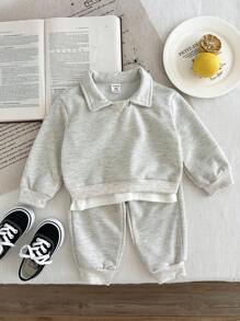 SHEIN 2 件套男婴幼儿新生儿 0-3 岁休闲燕麦色 Polo 领运动衫 + 裤子套装，适合日常穿着和外出，秋冬季 - 卡其色 - 查看 8