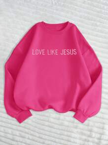 INAWLY Jesus Embroidery Pattern Solid Color Casual Loose Thicker Crew Neck Sweatshirt For Women, Autumn/Winter Graduation,Back To School,Graduation,Teacher For Women,Back To School Pullover Fall Sweatshirt - Hot Pink - View 2