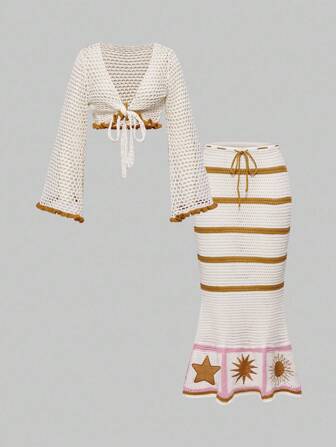 Hippie Blusa bohemia de estilo hippie bordada combinada con falda de sirena con estampado de luna y estrellas para mujer
