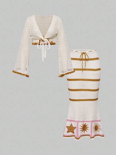 Hippie Women's Hippie Bohemian Style Embroidered Blouse Paired With Moon & Star Printed Mermaid Skirt