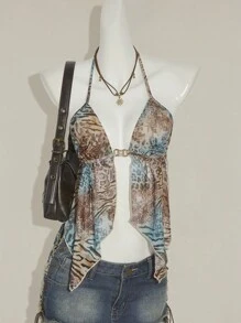 SHEIN ICON 复古豹纹露背挂脖无袖上衣，侧开衩下摆