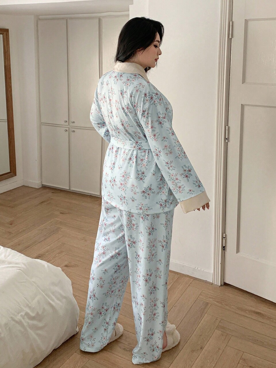 Dazy Plus Plus Size Women Contrast Color Floral Print Long Sleeve Top & Tie Waist Pants Pajama Set, Fall & Winter Clothes