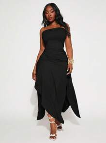 SHEIN SXY 大码女装春夏优雅新都市纯色褶皱腰不对称下摆高开衩抹胸连衣裙，适合日常穿着，波西米亚风 - 黑色 - 查看 10