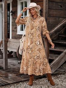 LanaWest Váy dài tay in họa tiết phong cách Bohemian dành cho nữ, Đầm tua rua Boho dành cho nữ, Đầm dài tay lửng, cổ bẻ, tay lửng, dáng rộng, nhiều màu, in họa tiết Paisley, đầm dài cho nữ, mùa xuân/thu, trang phục thường ngày, đầm maxi cho nữ - Nhiều màu - Xem 4