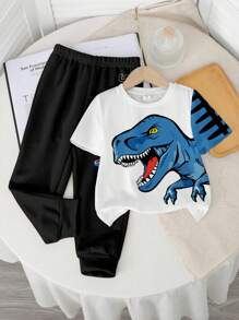 SHEIN 2 pièces/Set Style décontracté jeune garçon Vert militaire Dinosaure et Animal de bande dessinée blocs de couleurs Y2K Sportif Vacances Col rond Haut à manches courtes et Pantalon - Multicolore - Voir 2