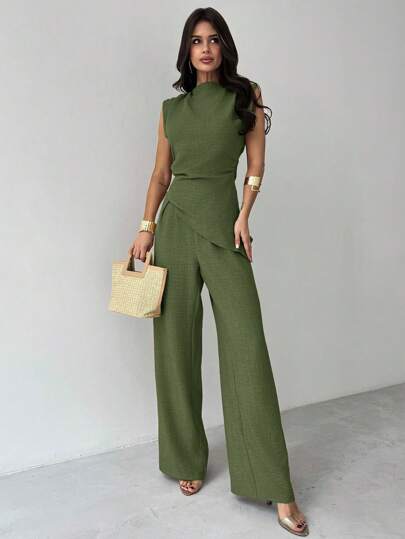 Firerie Conjunto de oficina casual y elegante minimalista en color caqui: Blusa de mujer con pliegues asimétricos en la cintura + Pantalones anchos de mujer con pliegues, traje de lino para ir y venir, atuendo de playa para mujer, atuendo de aeropuerto, atuendos de vacaciones, atuendo de maestra