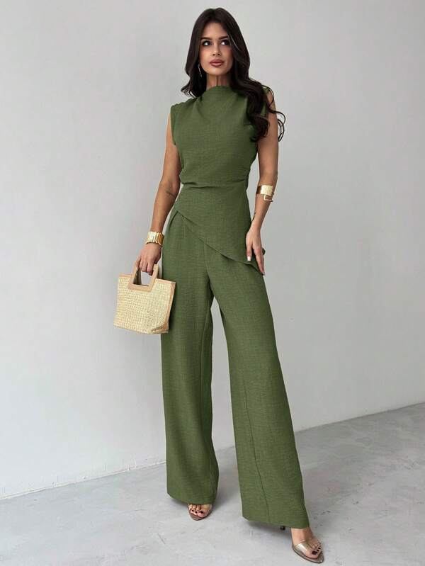 Firerie Conjunto de oficina casual y elegante minimalista en color caqui: Blusa de mujer con pliegues asimétricos en la cintura + Pantalones anchos de mujer con pliegues, traje de lino para ir y venir, atuendo de playa para mujer, atuendo de aeropuerto, atuendos de vacaciones, atuendo de maestra