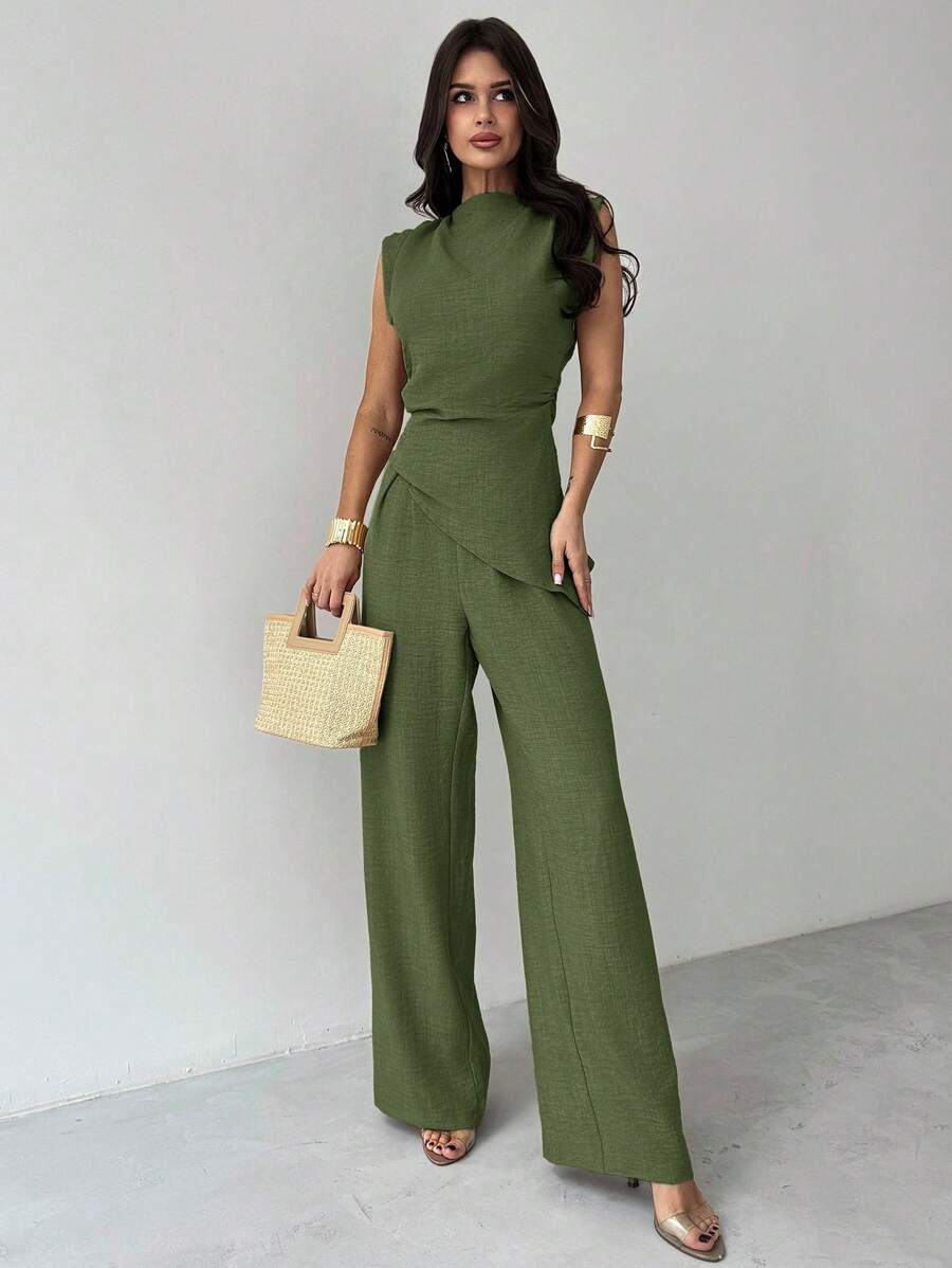 Firerie 卡其色简约优雅休闲通勤办公室服装：无袖不对称褶皱腰女式衬衫 + 常规褶皱阔腿女式裤子、亚麻通勤套装、女士沙滩装、机场装、度假装、教师装