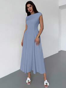 Firerie 女士优雅日常时尚新款度假短袖收腰A字中长连衣裙，黄色 - 藍色 - 查看 4