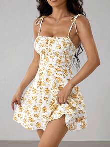 SHEIN PETITE 女士碎花荷叶边吊带迷你连衣裙，度假风格 - 黃色 - 查看 1