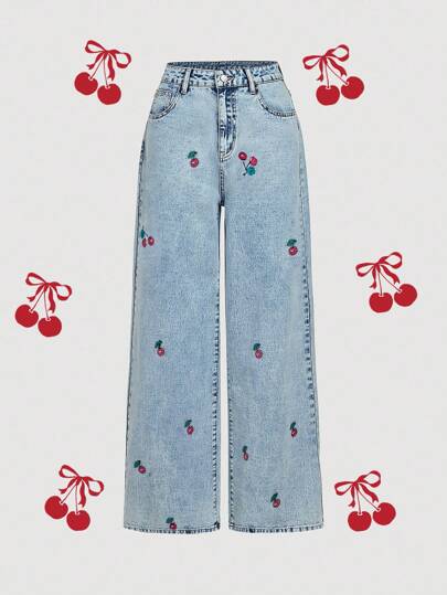 SHEIN MOD 女式休闲水洗樱桃印花阔腿牛仔裤，樱桃印花宽松牛仔裤，可爱的夏季牛仔裤，度假装，可爱的樱桃刺绣舒适松紧腰带夏季阔腿裤，带口袋，曲线加大，波西米亚风度假，秋季女装