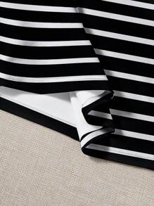 SHEIN EZwear 休闲简约豹纹樱桃印花黑白条纹圆领短袖宽松T恤女夏季 - 彩色 - 查看 4