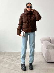 EURMUSE Áo khoác mùa đông có mũ trùm đầu, dây rút, chần bông dành cho nữ - màu nâu - Xem 4