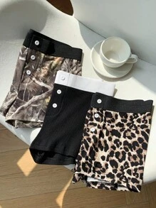 SHEIN EZwear 大码女式豹纹修身性感短裤，春夏款 - 彩色 - 查看 1