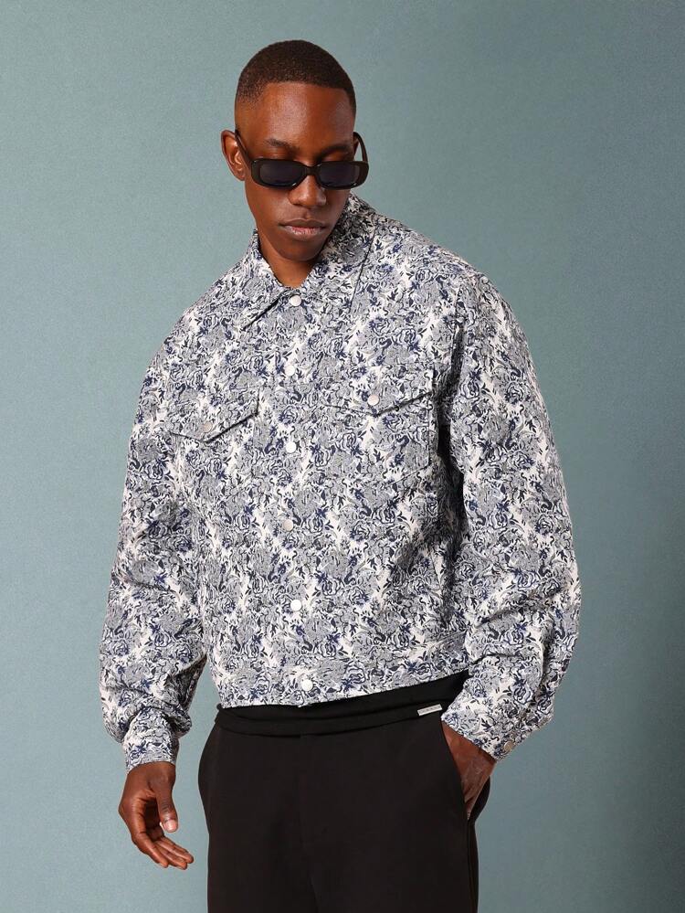 Tapestry Print Trucker Jacket With Button Closure And Side Pockets