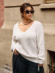 Easura Suéter midi de cuello en V con trenzado de punto, de manga larga, talla grande, cómodo para el transporte