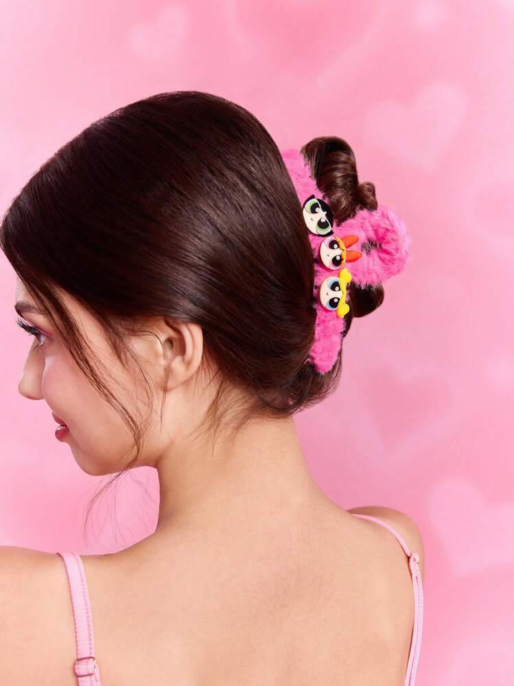 THE POWERPUFF GIRLS X SHEIN 时尚可爱的花朵、泡泡和毛绒玩具粉色毛绒发夹，适合女士和女孩 - 粉色 - 查看 4