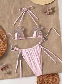 Swim SXY Bộ đồ bơi tam giác gợi cảm Springbreak 2 món cho nữ có điểm nhấn là hình sao biển màu trắng, đồ bơi hở lưng cắt cao đi biển - Hồng - Xem 1