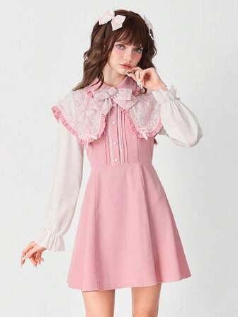 J-Fashion Women's Cute Princess Style Peter Pan Collar Lace Patchwork Bow Contrast Color Long Sleeve Dress