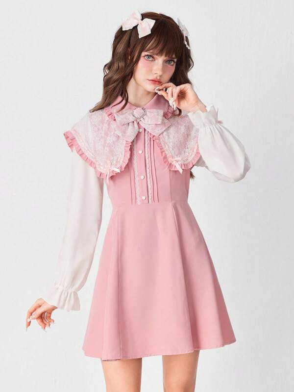 ROMWE EDITION Women's Cute Princess Style Peter Pan Collar Lace Patchwork Bow Contrast Color Long Sleeve Dress