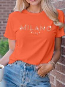 SHEIN LUNE Women's Slogan MILANO ITALY Letter Printed T-Shirt Short Sleeve Casual Top MILAN ITALY Graphic Tees Women Tops - Orange - View 4
