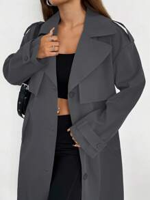 SHEIN EZwear 深灰色中长款风衣，翻领口袋细节，适合秋冬休闲风格风衣女长款风衣 - 深灰色 - 查看 6