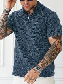 Manfinity Homme 男士水洗休闲纹理夏季短袖 Polo 衫 - 藍色 - 查看 1