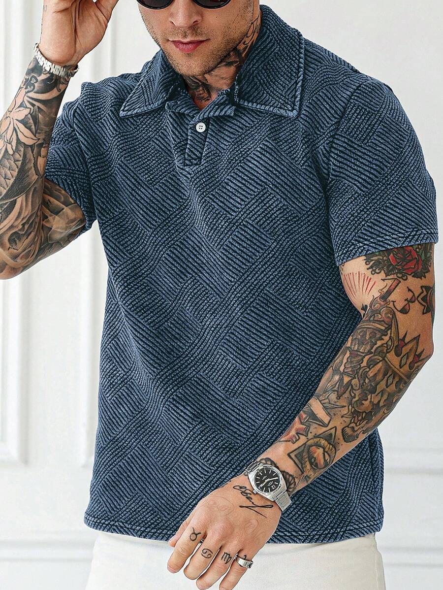 Manfinity Homme 男士水洗休闲纹理夏季短袖 Polo 衫 - 藍色 - 查看 1