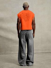 PAVTROS 男士街头风格流行 INS 搭配蜘蛛网和心形刺绣背心，宽松版型，男友/丈夫礼物，周年纪念礼物，适合万圣节 - 橘色 - 查看 2