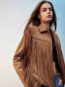 Maija 女士绒面短款开衫，带领，长袖，秋冬季款，饰有荷叶边口袋、流苏细节和撞色铆钉 - 棕色 - 查看 3