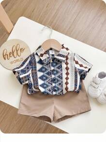 Baby Boy/Girl 2pcs Casual Retro Pattern Print Short Sleeve Shirt With Solid Color Shorts, Comfortable And Stylish Outfit