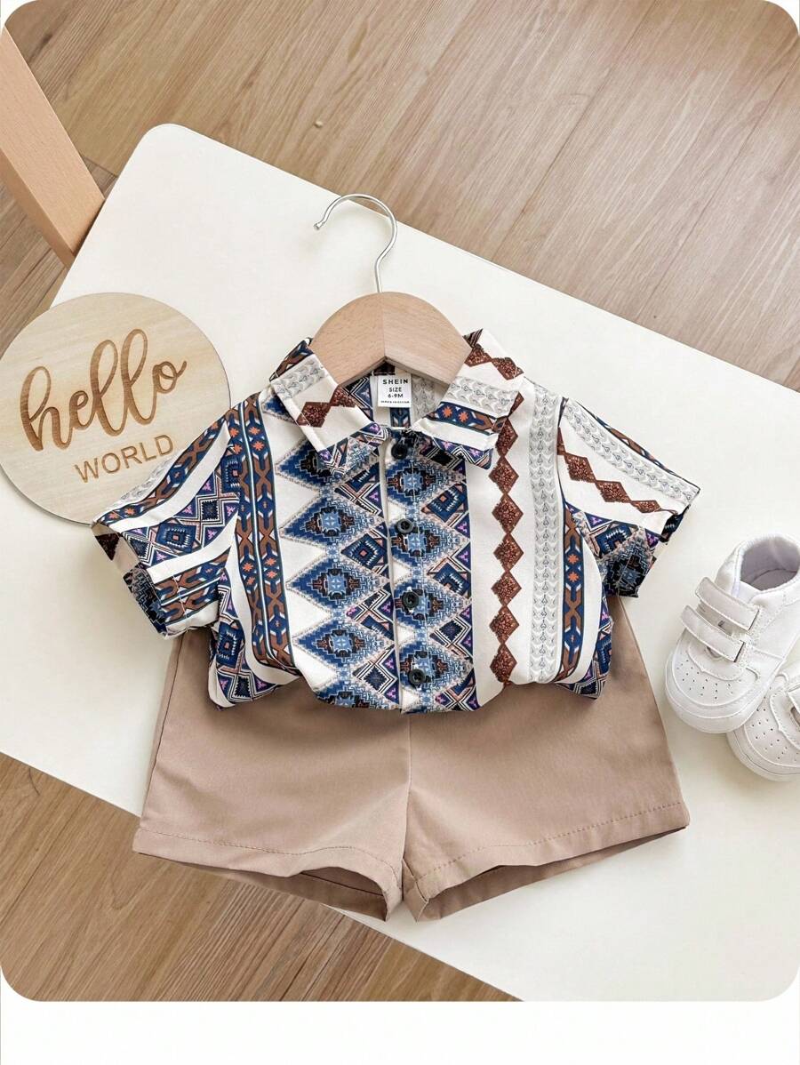 Baby Boy/Girl 2pcs Casual Retro Pattern Print Short Sleeve Shirt With Solid Color Shorts, Comfortable And Stylish Outfit