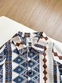 Baby Boy/Girl 2pcs Casual Retro Pattern Print Short Sleeve Shirt With Solid Color Shorts, Comfortable And Stylish Outfit
