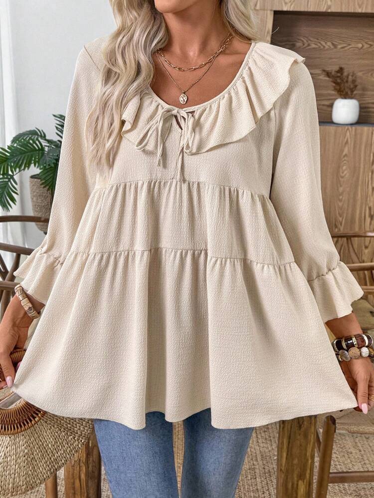 Women's Solid Color Ruffle Collar Front Tie Flare Sleeve Loose Blouse Cream Blouse Ruffle Blouse Women Blouse Tiered Blouse Summer Blouse Cute Tops Going Out Tops Women Summer Tops Babydoll Top Going Out Tops Basic Tops Fall Tops Going Out Top Babydoll Tops Work Blouses For Women Cute Summer Tops Modest Tops Vacation Tops Going Out Tops Women Summer Tops Babydoll Top Going Out Tops Basic Tops Fall Tops Going Out Top Babydoll Tops Work Blouses For Women Cute Summer Tops Modest Tops Vacation Tops