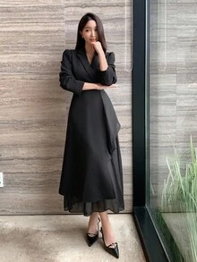 DAZY 女士商务风纯色立领长袖腰部拼接连衣裙 - 黑色 - 查看 2