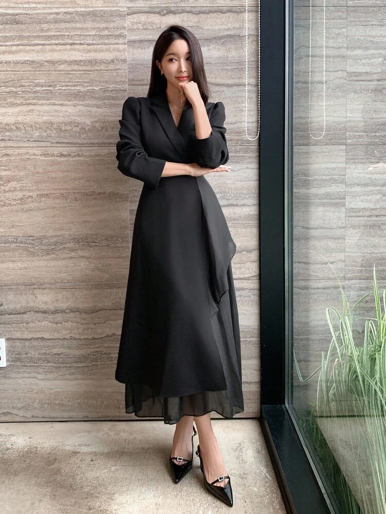 Women's Business Style Solid Color Mandarin Collar Long Sleeve Waist Splice Dress Maxi Dress