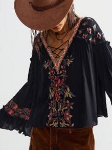 Bohemela Vacation Casual Embroidered V-Neck Blouse For Women - Black - View 7